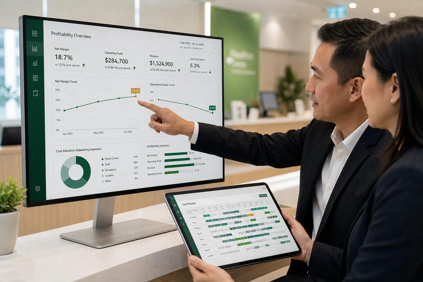 Consultant and clinic owner reviewing profitability and staff-rostering dashboards during a multi-clinic turnaround