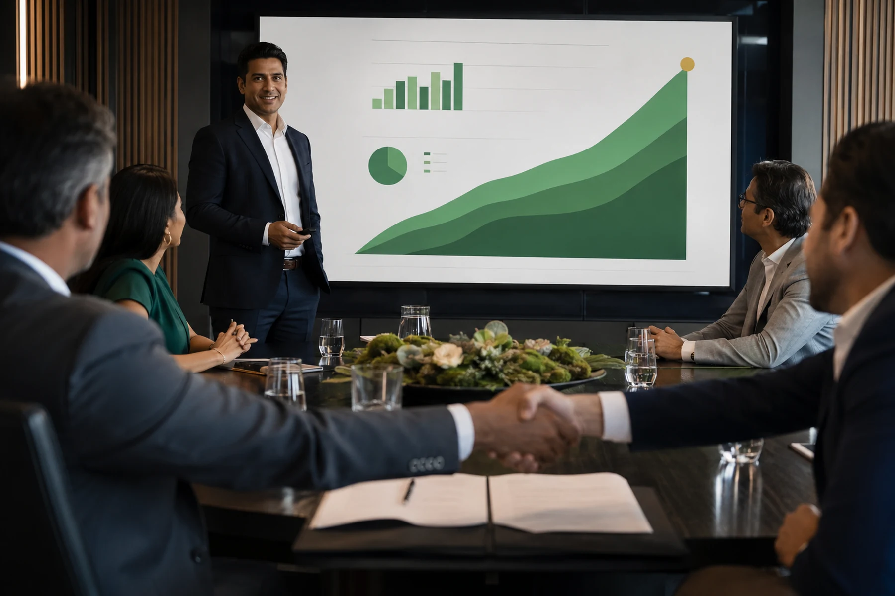 Healthcare startup founder pitching investors and securing venture funding, business growth charts on the presentation screen