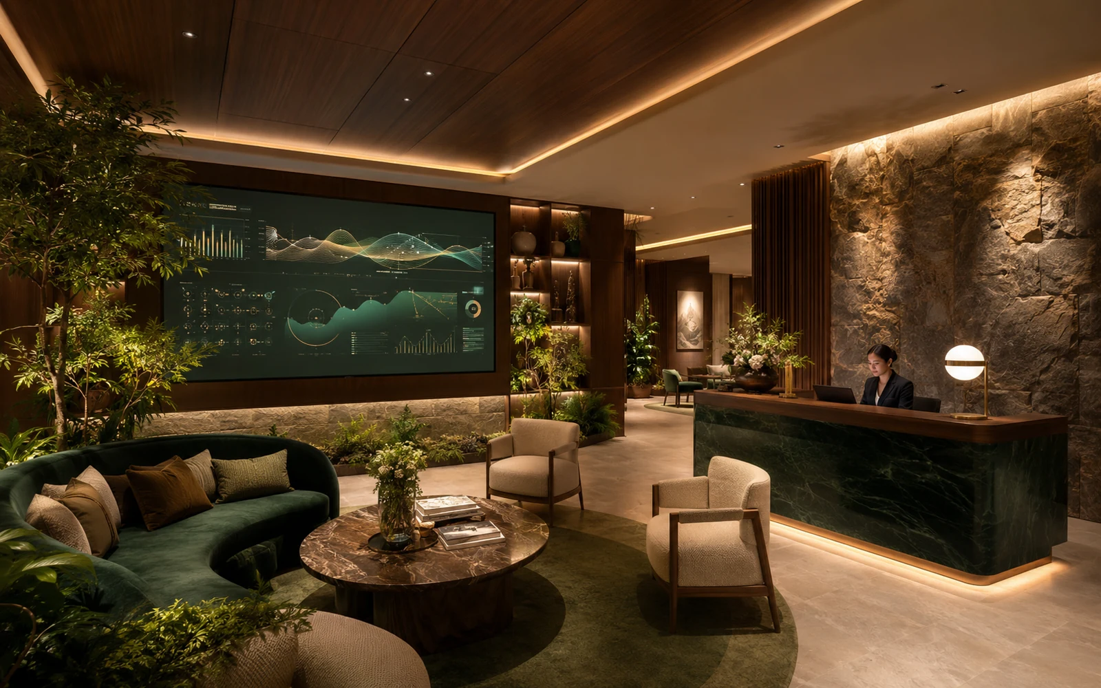 Luxury longevity and wellness clinic member lounge with a health-data display